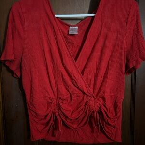 No Boundaries Red Ruched V-Neck Blouse